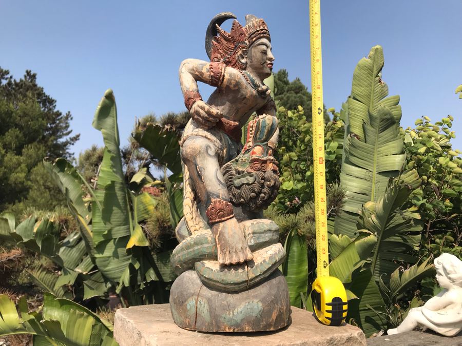Large Antique Thai Hand Carved Hand Painted Wooden Statue Showing Man Wrestling With Dragon Serpent 9W X 24H [Photo 3]