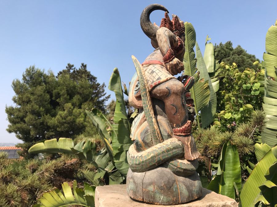 Large Antique Thai Hand Carved Hand Painted Wooden Statue Showing Man Wrestling With Dragon Serpent 9W X 24H [Photo 21]