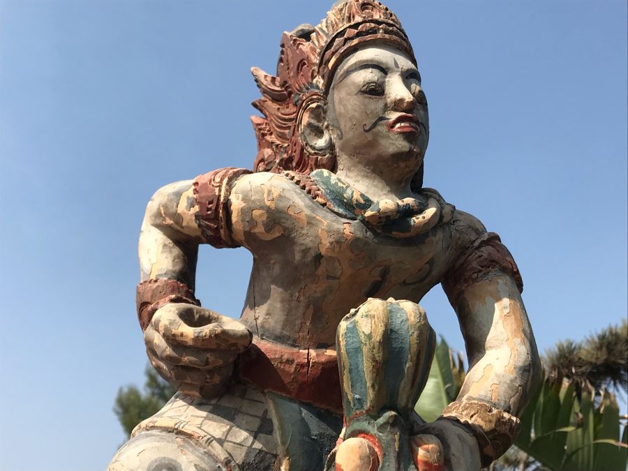 Large Antique Thai Hand Carved Hand Painted Wooden Statue Showing Man Wrestling With Dragon Serpent 9W X 24H [Photo 8]