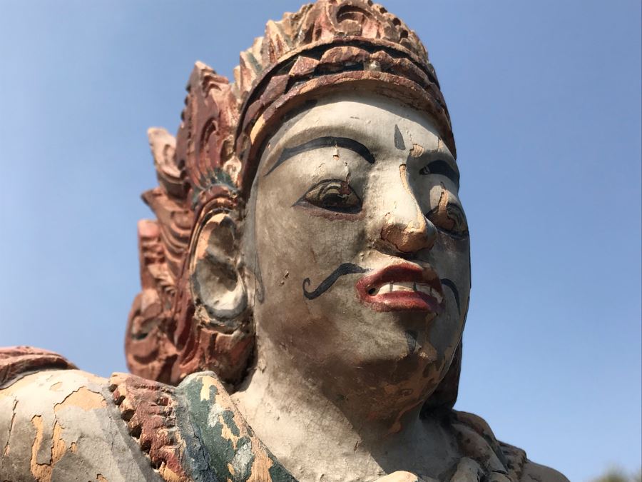 Large Antique Thai Hand Carved Hand Painted Wooden Statue Showing Man Wrestling With Dragon Serpent 9W X 24H [Photo 7]