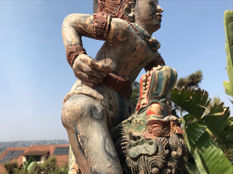 Large Antique Thai Hand Carved Hand Painted Wooden Statue Showing Man Wrestling With Dragon Serpent 9W X 24H [Photo 25]