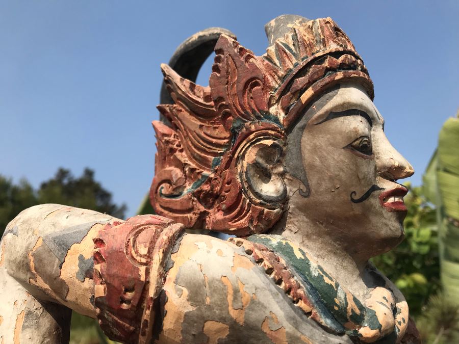 Large Antique Thai Hand Carved Hand Painted Wooden Statue Showing Man Wrestling With Dragon Serpent 9W X 24H [Photo 6]