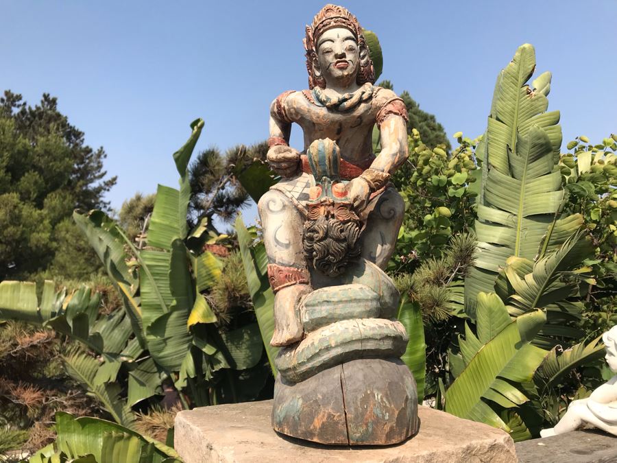 Large Antique Thai Hand Carved Hand Painted Wooden Statue Showing Man Wrestling With Dragon Serpent 9W X 24H [Photo 9]