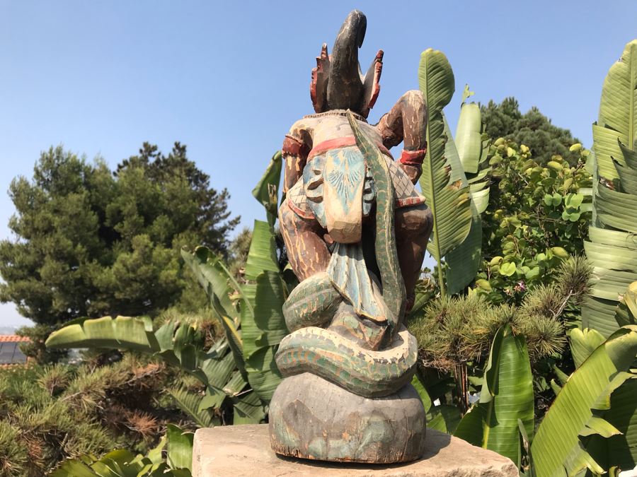 Large Antique Thai Hand Carved Hand Painted Wooden Statue Showing Man Wrestling With Dragon Serpent 9W X 24H [Photo 18]