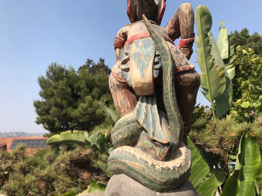 Large Antique Thai Hand Carved Hand Painted Wooden Statue Showing Man Wrestling With Dragon Serpent 9W X 24H [Photo 19]