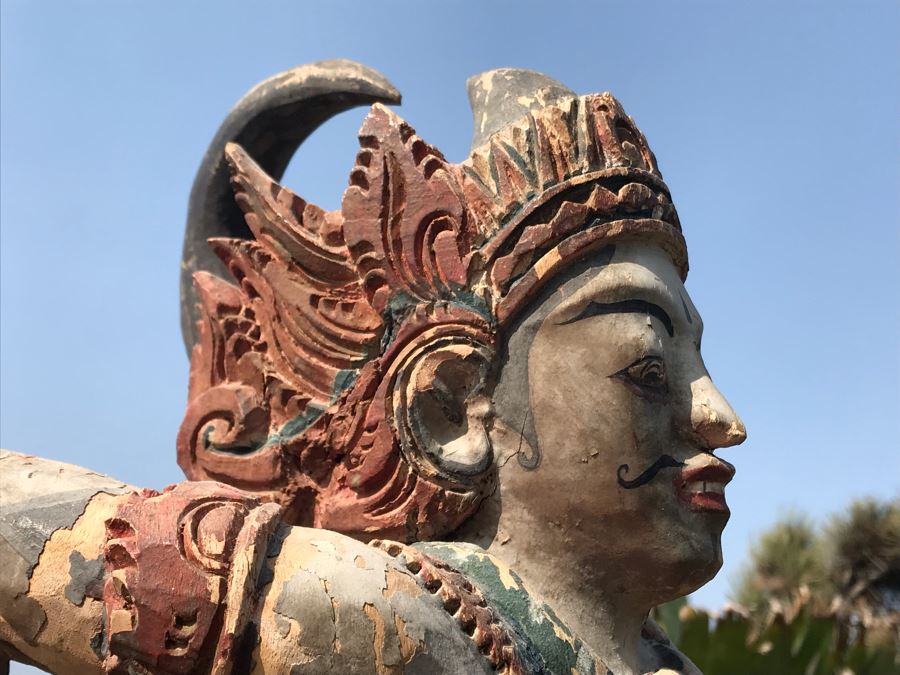 Large Antique Thai Hand Carved Hand Painted Wooden Statue Showing Man Wrestling With Dragon Serpent 9W X 24H [Photo 24]