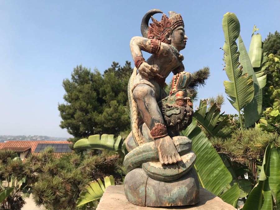 Large Antique Thai Hand Carved Hand Painted Wooden Statue Showing Man Wrestling With Dragon Serpent 9W X 24H [Photo 23]