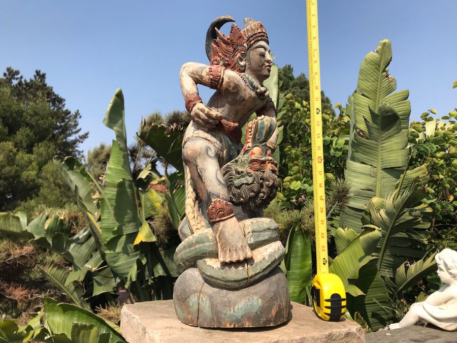 Large Antique Thai Hand Carved Hand Painted Wooden Statue Showing Man Wrestling With Dragon Serpent 9W X 24H [Photo 2]