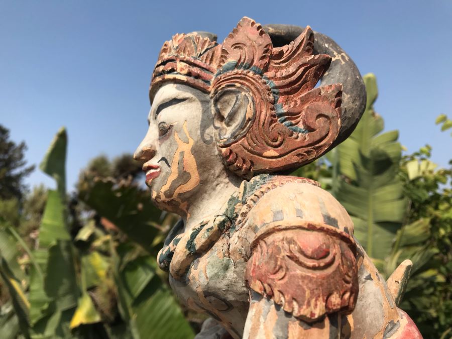 Large Antique Thai Hand Carved Hand Painted Wooden Statue Showing Man Wrestling With Dragon Serpent 9W X 24H [Photo 15]