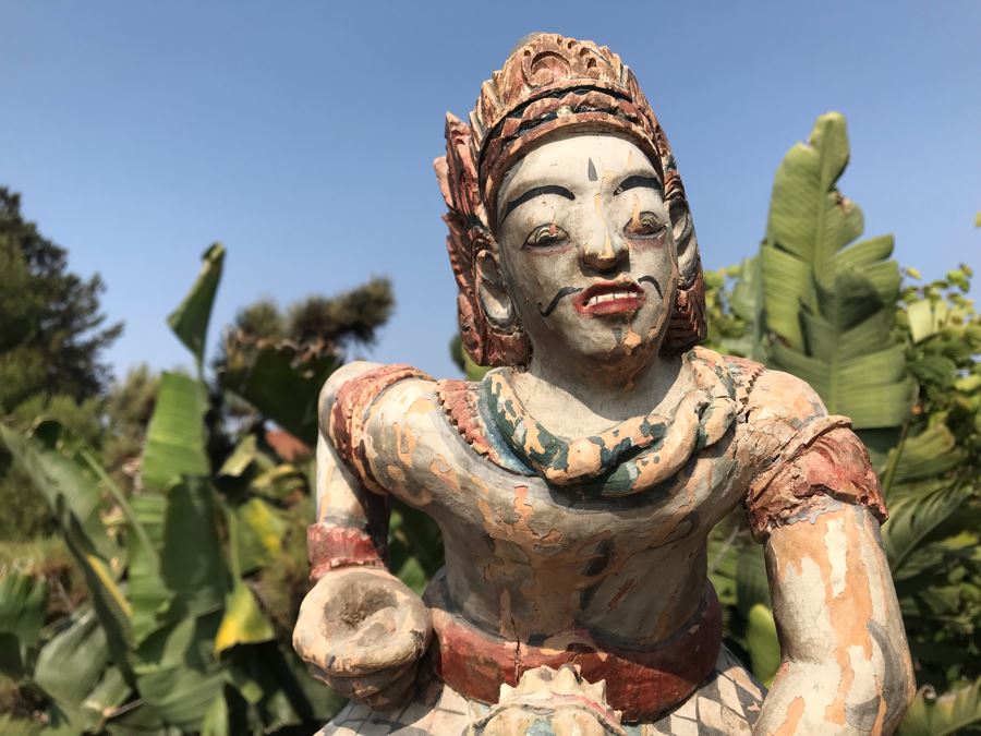 Large Antique Thai Hand Carved Hand Painted Wooden Statue Showing Man Wrestling With Dragon Serpent 9W X 24H [Photo 11]