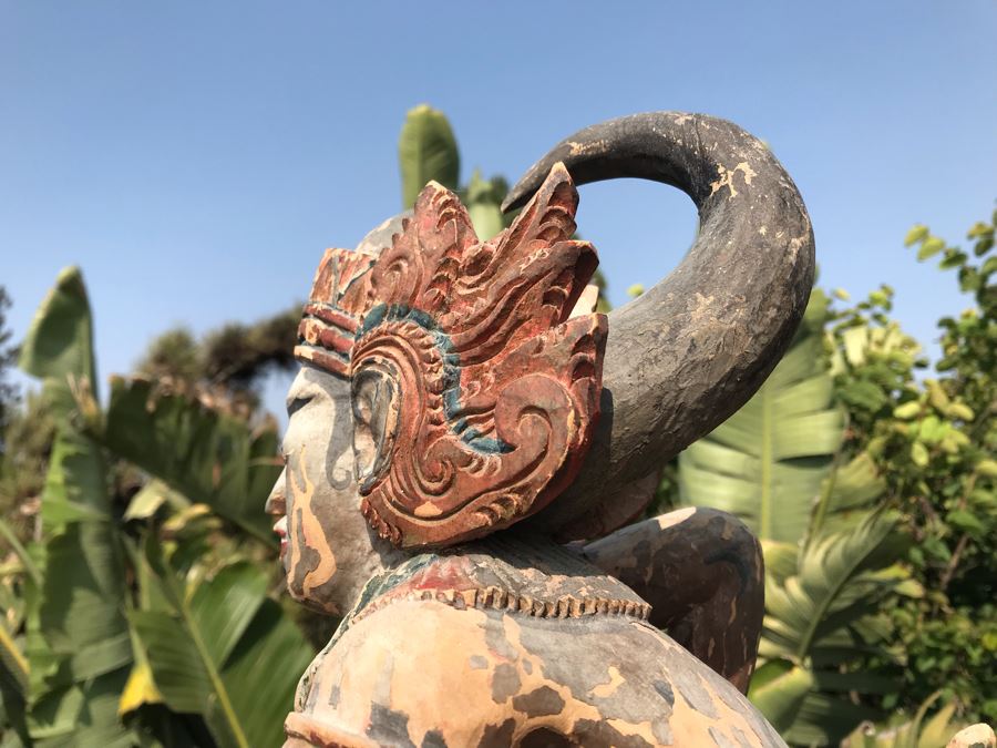 Large Antique Thai Hand Carved Hand Painted Wooden Statue Showing Man Wrestling With Dragon Serpent 9W X 24H [Photo 16]