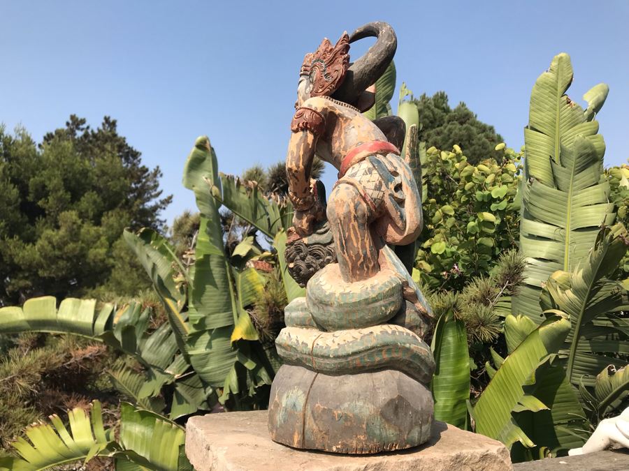 Large Antique Thai Hand Carved Hand Painted Wooden Statue Showing Man Wrestling With Dragon Serpent 9W X 24H [Photo 17]