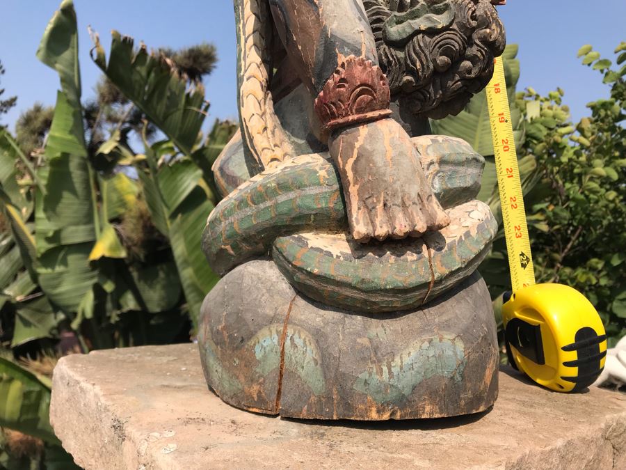 Large Antique Thai Hand Carved Hand Painted Wooden Statue Showing Man Wrestling With Dragon Serpent 9W X 24H [Photo 5]