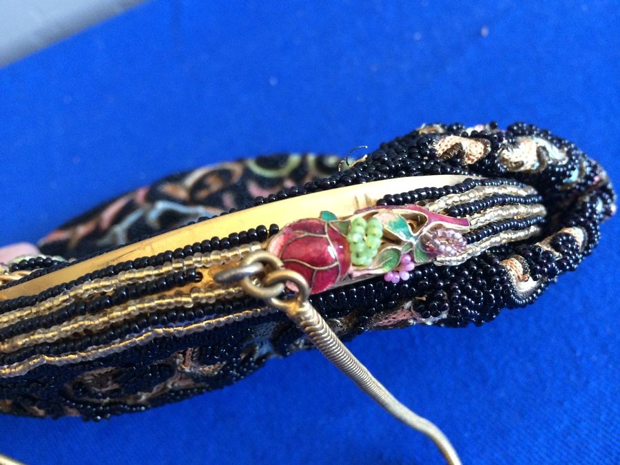 Vintage Black Beaded Purse Clutch - Very Detailed with Rose Enamel Ornamentation [Photo 3]