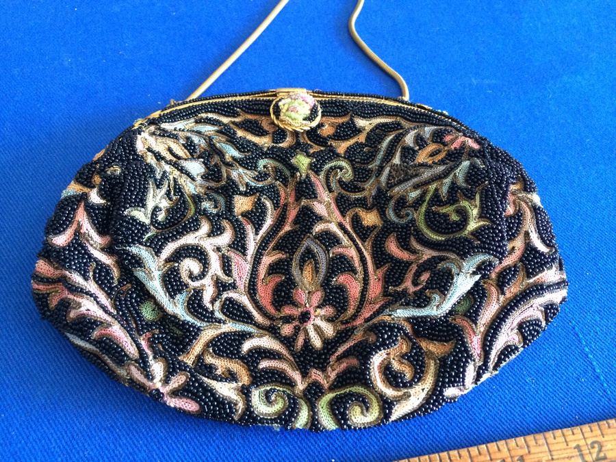 Vintage Black Beaded Purse Clutch - Very Detailed with Rose Enamel Ornamentation [Photo 1]