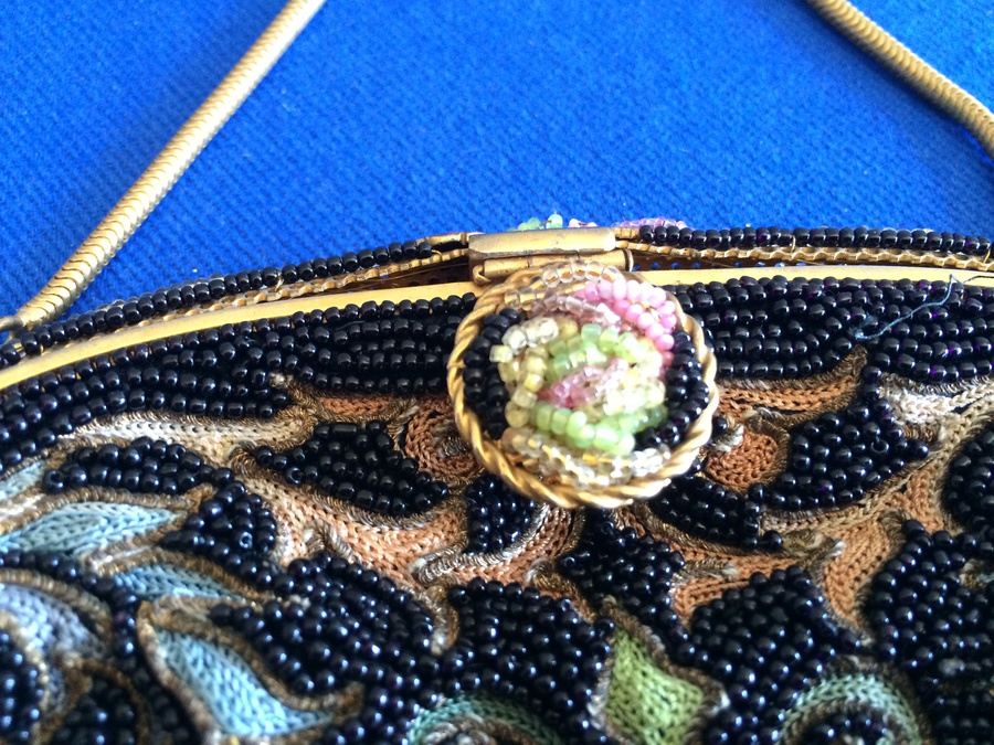 Vintage Black Beaded Purse Clutch - Very Detailed with Rose Enamel Ornamentation [Photo 5]