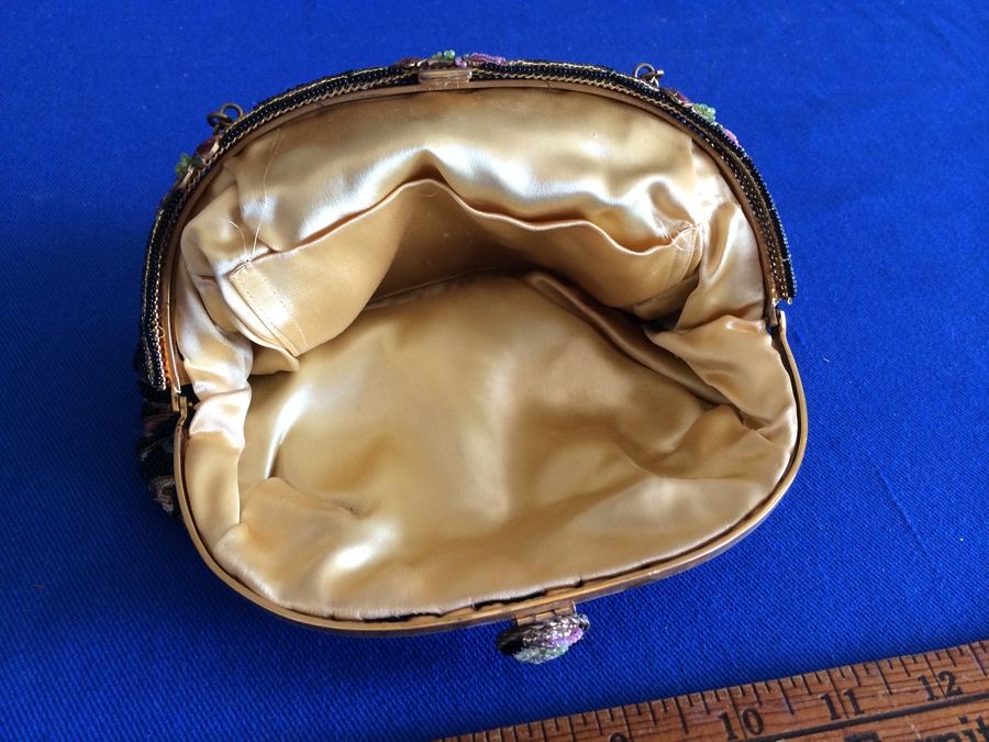 Vintage Black Beaded Purse Clutch - Very Detailed with Rose Enamel Ornamentation [Photo 8]