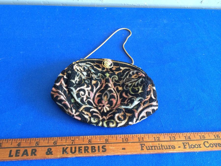 Vintage Black Beaded Purse Clutch - Very Detailed with Rose Enamel Ornamentation [Photo 4]