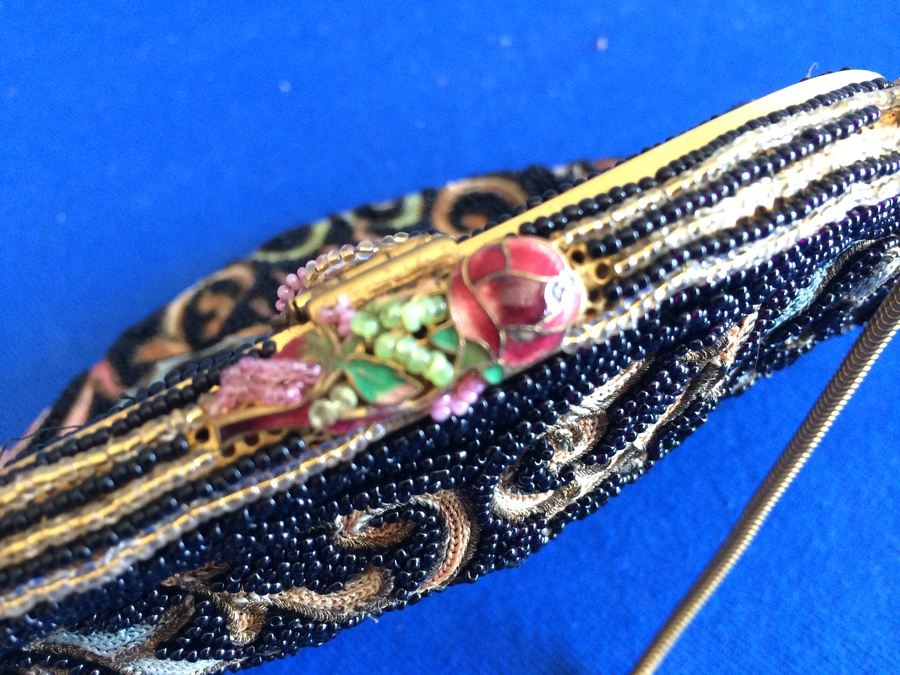 Vintage Black Beaded Purse Clutch - Very Detailed with Rose Enamel Ornamentation [Photo 9]