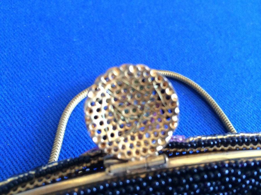 Vintage Black Beaded Purse Clutch - Very Detailed with Rose Enamel Ornamentation [Photo 7]