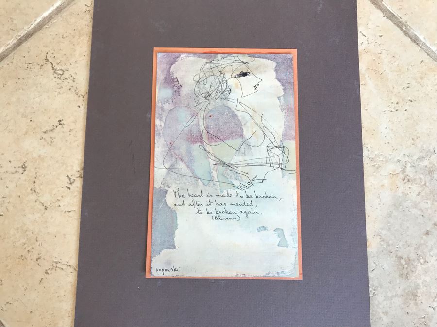 Original Stella Popowski Mid-Century Painting On Paper Titled 'The Heart Is Made To Be Broken, And After It Has Mended, To Be Broken Again.' 5 X 8 [Photo 2]