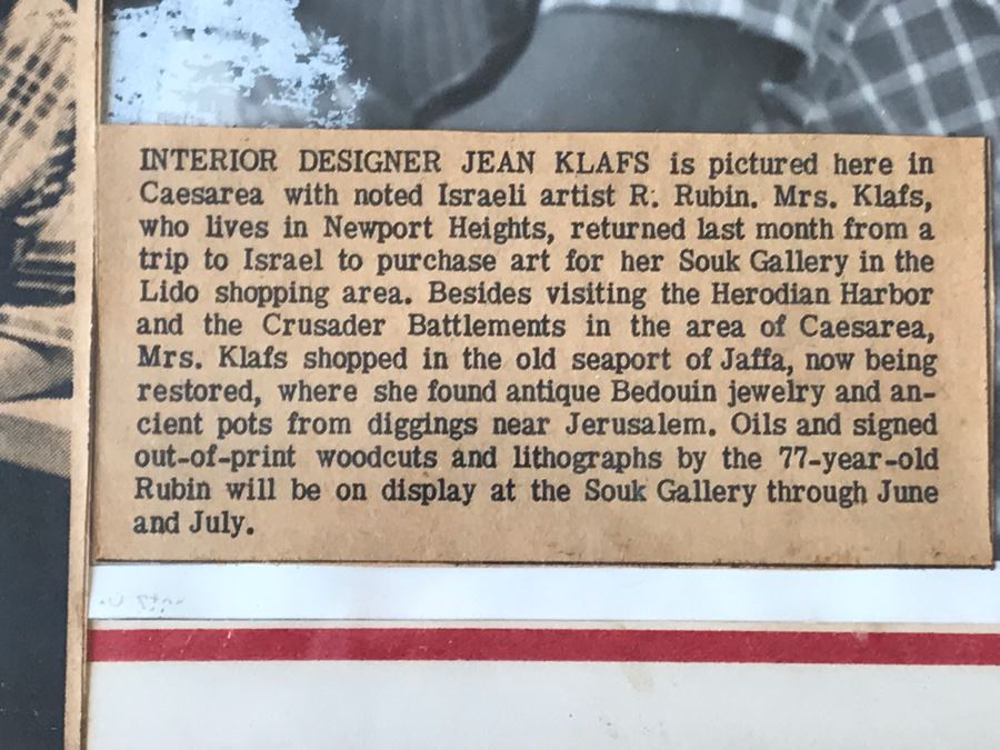 Hand Signed Reuven Rubin (1893-1974) Photograph Personalized To Jean Klafs And Newspaper Article Discussing Her Trip To Meet With Rubin In Israel To Purchase Some Of His Artwork For Her Souk Gallery In Newport Beach, CA 11 X 13 [Photo 11]