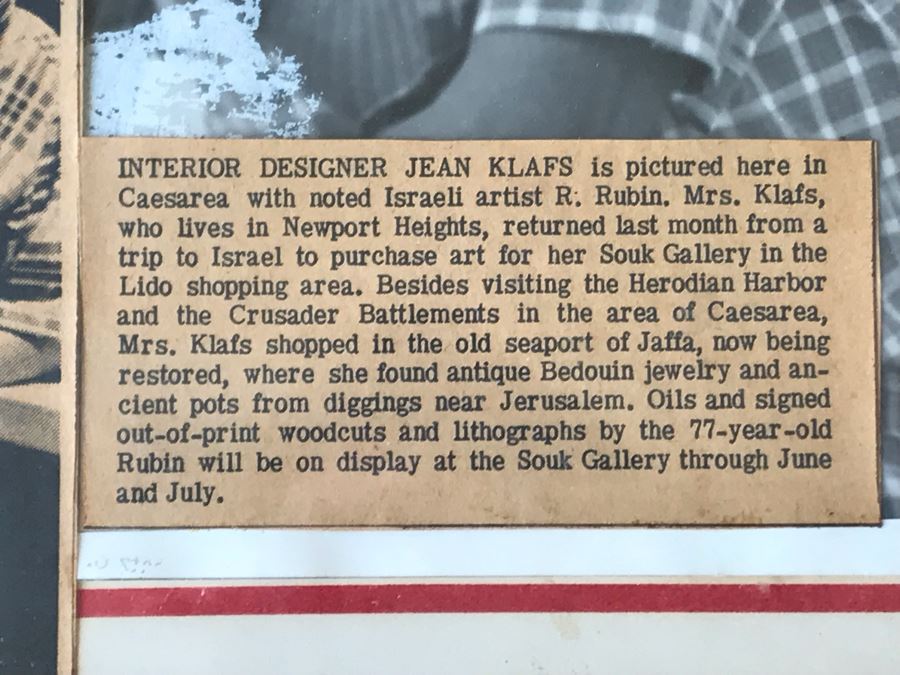 Hand Signed Reuven Rubin (1893-1974) Photograph Personalized To Jean Klafs And Newspaper Article Discussing Her Trip To Meet With Rubin In Israel To Purchase Some Of His Artwork For Her Souk Gallery In Newport Beach, CA 11 X 13 [Photo 12]