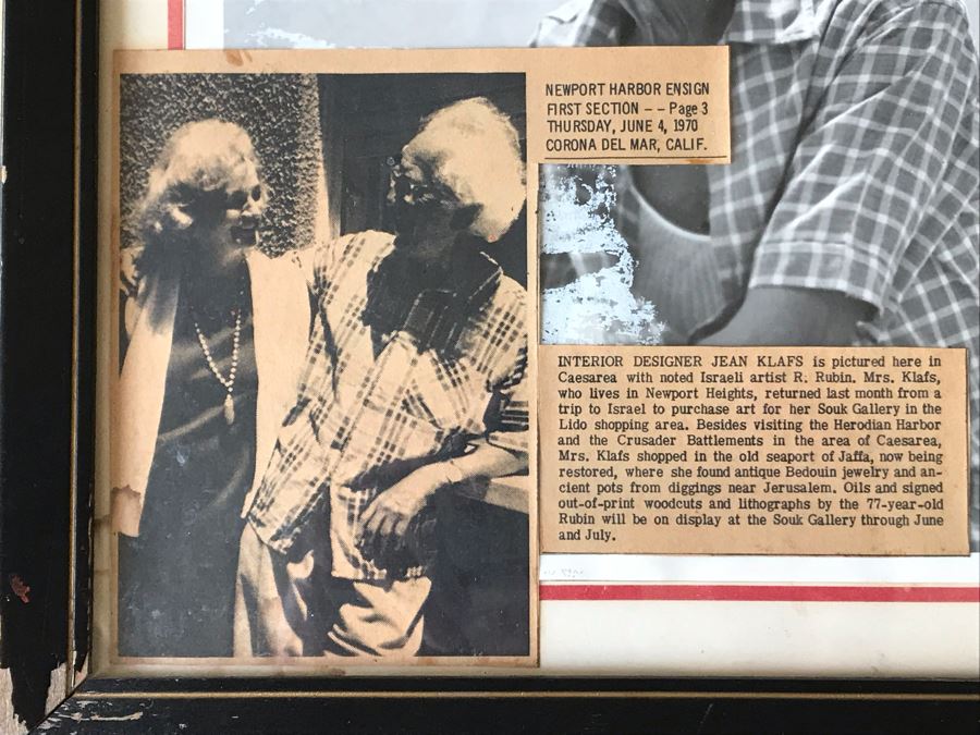 Hand Signed Reuven Rubin (1893-1974) Photograph Personalized To Jean Klafs And Newspaper Article Discussing Her Trip To Meet With Rubin In Israel To Purchase Some Of His Artwork For Her Souk Gallery In Newport Beach, CA 11 X 13 [Photo 8]