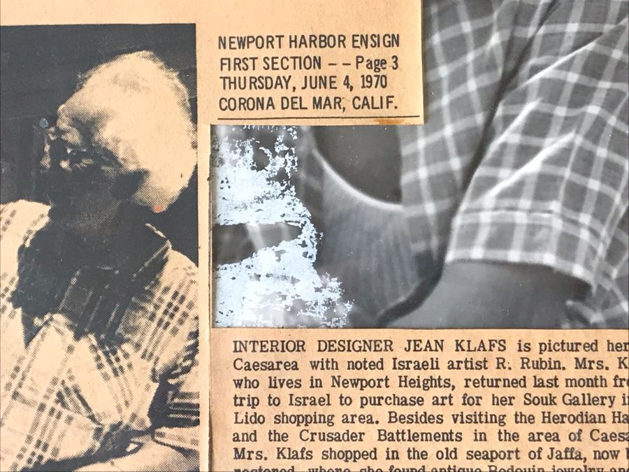 Hand Signed Reuven Rubin (1893-1974) Photograph Personalized To Jean Klafs And Newspaper Article Discussing Her Trip To Meet With Rubin In Israel To Purchase Some Of His Artwork For Her Souk Gallery In Newport Beach, CA 11 X 13 [Photo 7]
