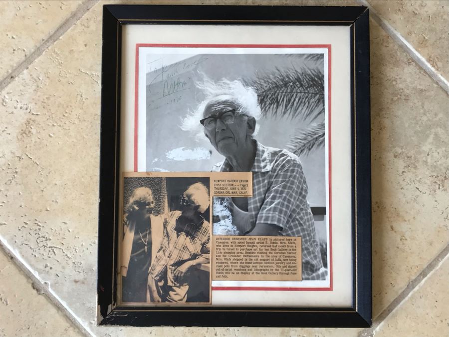 Hand Signed Reuven Rubin (1893-1974) Photograph Personalized To Jean Klafs And Newspaper Article Discussing Her Trip To Meet With Rubin In Israel To Purchase Some Of His Artwork For Her Souk Gallery In Newport Beach, CA 11 X 13 [Photo 1]