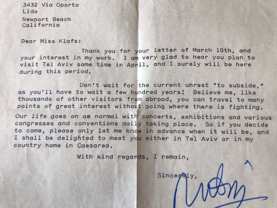 Hand Signed Reuven Rubin (1893-1974) Letter Welcoming Jean Klafs To Visit Him In Tel Aviv, Israel With Insightful Commentary On Endless War In Israel Dated 1970 [Photo 3]