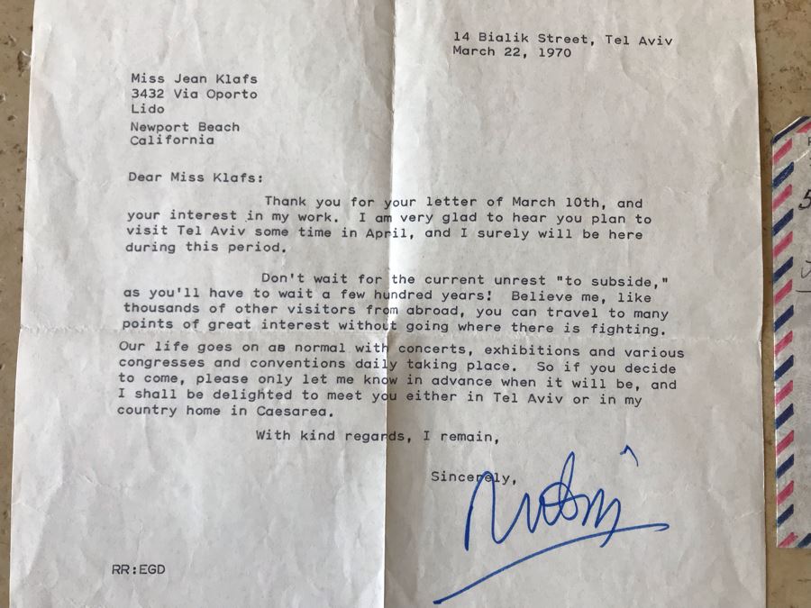 Hand Signed Reuven Rubin (1893-1974) Letter Welcoming Jean Klafs To Visit Him In Tel Aviv, Israel With Insightful Commentary On Endless War In Israel Dated 1970 [Photo 2]