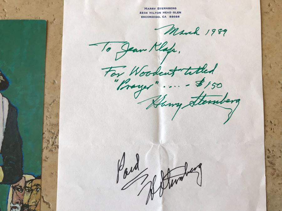 Hand Signed Harry Sternberg (1904-2001) Receipt For Reuven Rubin Woodcut And Harry Sternberg Artist Bio Card [Photo 3]