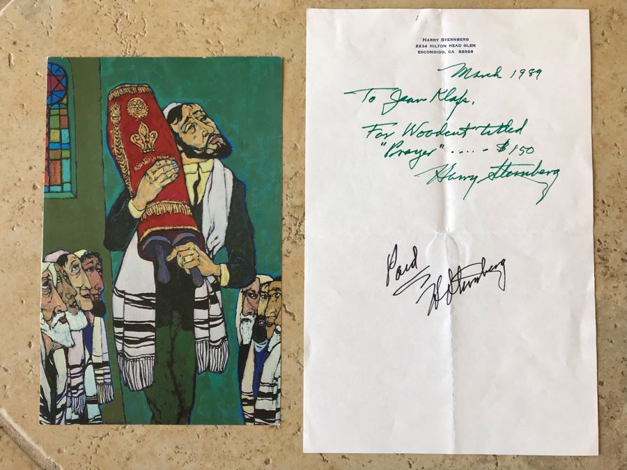Hand Signed Harry Sternberg (1904-2001) Receipt For Reuven Rubin Woodcut And Harry Sternberg Artist Bio Card [Photo 1]