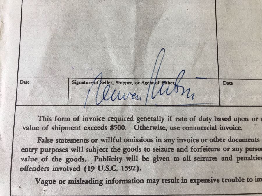 Reuven Rubin (1893-1974) Hand Signed Letter Bill Of Sale For Original Rubin Oil Painting Titled 'Tiberias Fisherman Family' And Treasury Department Customs Invoice Hand Signed Three Times By Reuven Rubin (Total Of Four Hand Signed Reuven Rubin Signatures) [Photo 13]