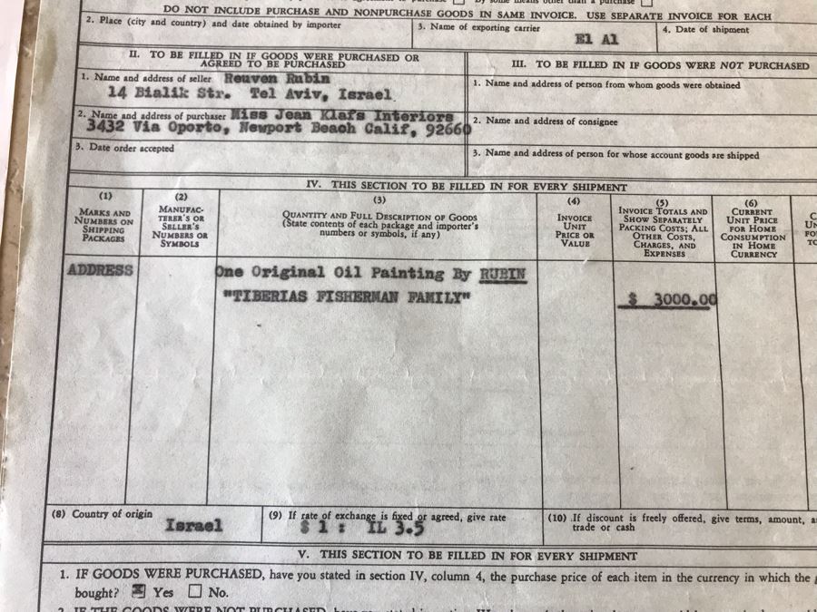 Reuven Rubin (1893-1974) Hand Signed Letter Bill Of Sale For Original Rubin Oil Painting Titled 'Tiberias Fisherman Family' And Treasury Department Customs Invoice Hand Signed Three Times By Reuven Rubin (Total Of Four Hand Signed Reuven Rubin Signatures) [Photo 8]