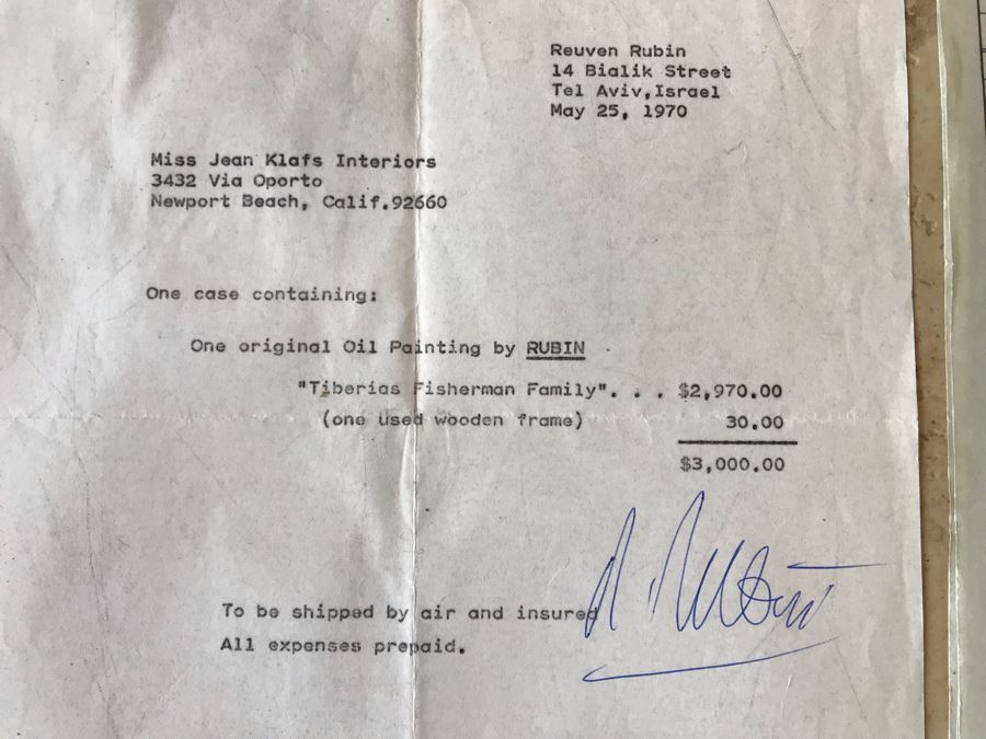 Reuven Rubin (1893-1974) Hand Signed Letter Bill Of Sale For Original Rubin Oil Painting Titled 'Tiberias Fisherman Family' And Treasury Department Customs Invoice Hand Signed Three Times By Reuven Rubin (Total Of Four Hand Signed Reuven Rubin Signatures) [Photo 3]