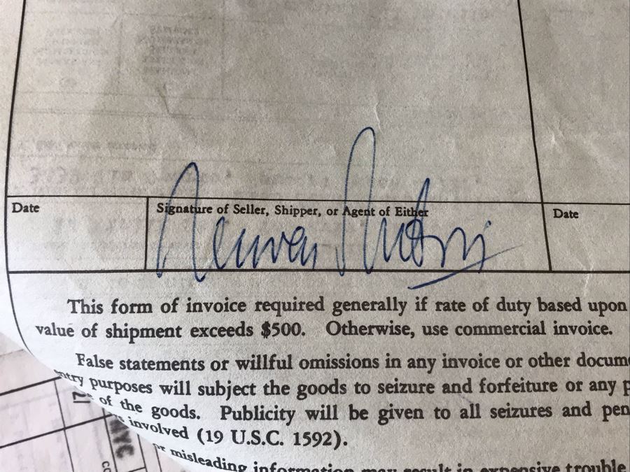 Reuven Rubin (1893-1974) Hand Signed Letter Bill Of Sale For Original Rubin Oil Painting Titled 'Tiberias Fisherman Family' And Treasury Department Customs Invoice Hand Signed Three Times By Reuven Rubin (Total Of Four Hand Signed Reuven Rubin Signatures) [Photo 10]