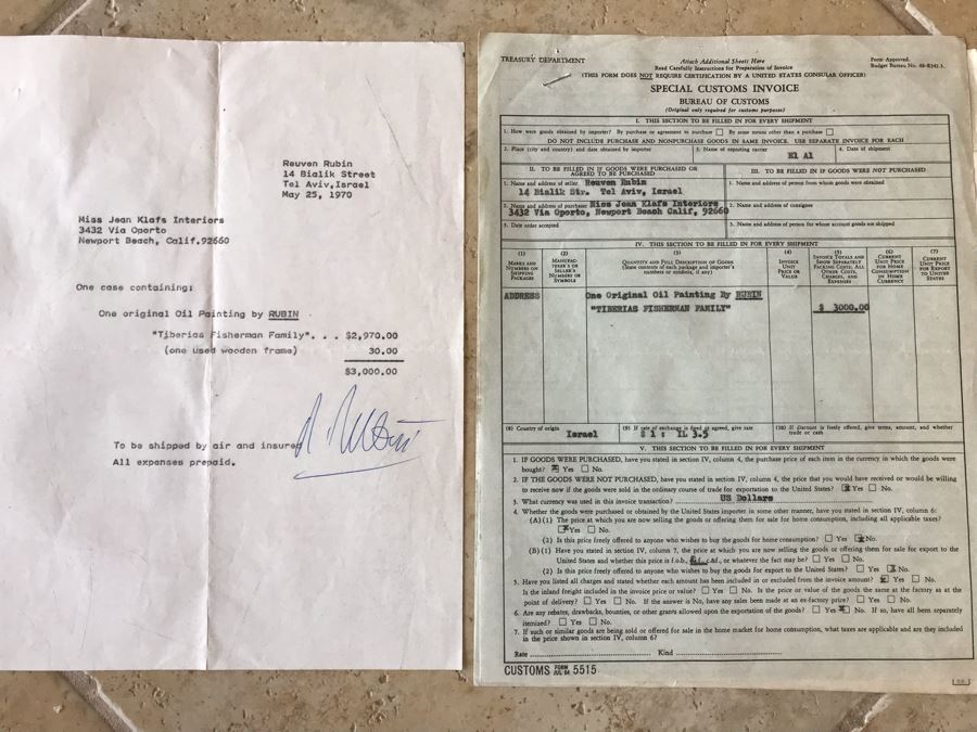 Reuven Rubin (1893-1974) Hand Signed Letter Bill Of Sale For Original Rubin Oil Painting Titled 'Tiberias Fisherman Family' And Treasury Department Customs Invoice Hand Signed Three Times By Reuven Rubin (Total Of Four Hand Signed Reuven Rubin Signatures) [Photo 2]