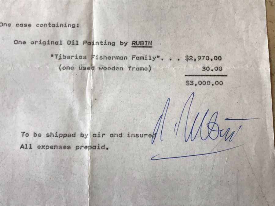 Reuven Rubin (1893-1974) Hand Signed Letter Bill Of Sale For Original Rubin Oil Painting Titled 'Tiberias Fisherman Family' And Treasury Department Customs Invoice Hand Signed Three Times By Reuven Rubin (Total Of Four Hand Signed Reuven Rubin Signatures) [Photo 5]