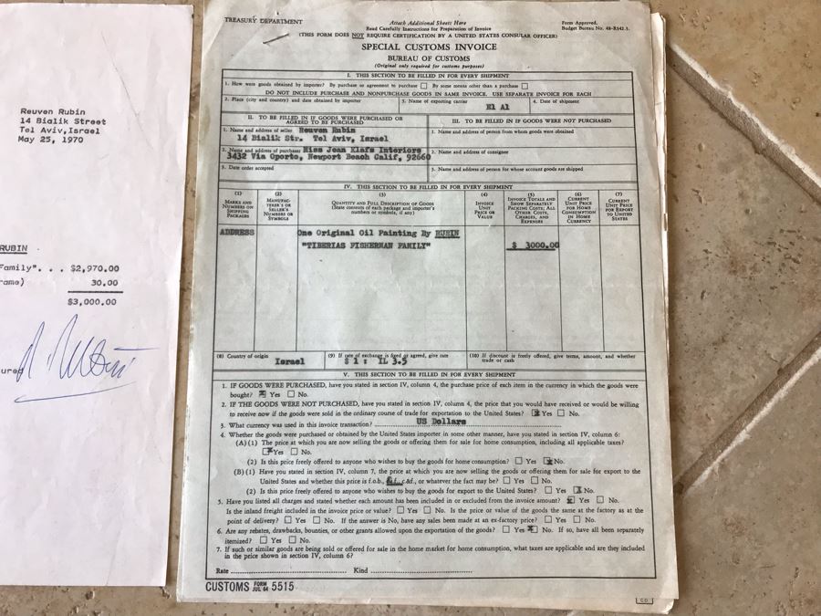 Reuven Rubin (1893-1974) Hand Signed Letter Bill Of Sale For Original Rubin Oil Painting Titled 'Tiberias Fisherman Family' And Treasury Department Customs Invoice Hand Signed Three Times By Reuven Rubin (Total Of Four Hand Signed Reuven Rubin Signatures) [Photo 7]