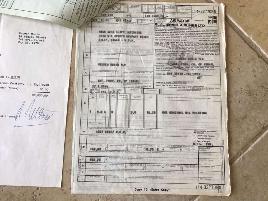 Reuven Rubin (1893-1974) Hand Signed Letter Bill Of Sale For Original Rubin Oil Painting Titled 'Tiberias Fisherman Family' And Treasury Department Customs Invoice Hand Signed Three Times By Reuven Rubin (Total Of Four Hand Signed Reuven Rubin Signatures) [Photo 11]