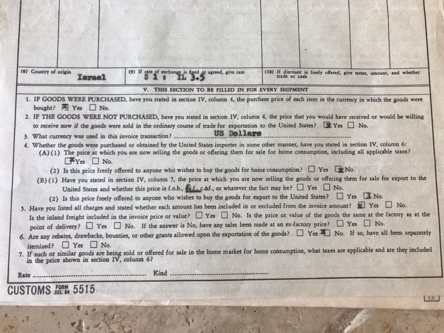 Reuven Rubin (1893-1974) Hand Signed Letter Bill Of Sale For Original Rubin Oil Painting Titled 'Tiberias Fisherman Family' And Treasury Department Customs Invoice Hand Signed Three Times By Reuven Rubin (Total Of Four Hand Signed Reuven Rubin Signatures) [Photo 9]