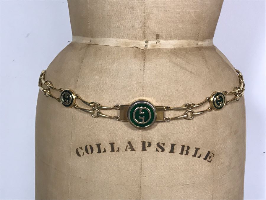 GUCCI Italy Gold Tone Metal Chain Belt With Red GUCCI Dust Cover [Photo 4]