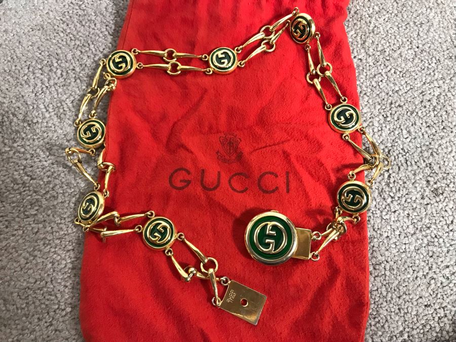 GUCCI Italy Gold Tone Metal Chain Belt With Red GUCCI Dust Cover [Photo 3]