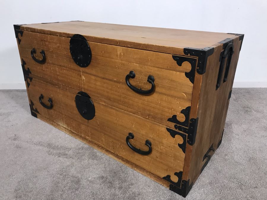Vintage Asian Two-Drawer Tansu Wooden Chest (One Of Side Handles Is Broken) 38.5W X 16D X 20H [Photo 8]