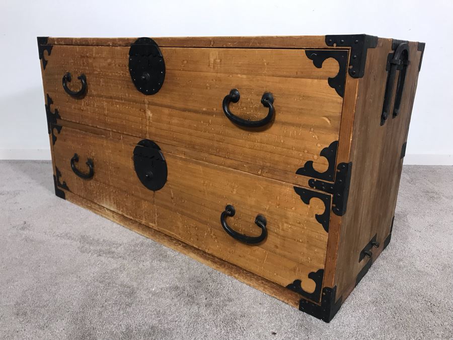 Vintage Asian Two-Drawer Tansu Wooden Chest (One Of Side Handles Is Broken) 38.5W X 16D X 20H [Photo 7]