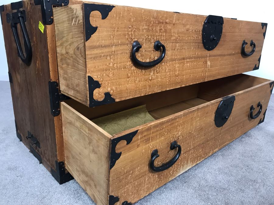 Vintage Asian Two-Drawer Tansu Wooden Chest (One Of Side Handles Is Broken) 38.5W X 16D X 20H [Photo 15]