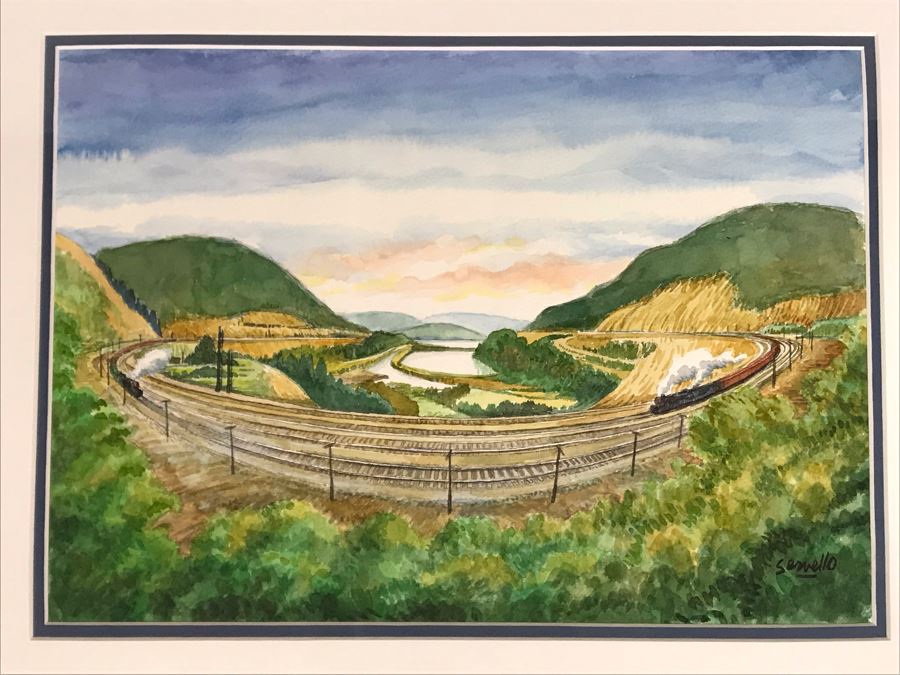 Original Joe Servello Watercolor Painting Of Altoona's Railroad Horseshoe Curve National Historic Landmark Trains 13.5 X 10 [Photo 3]
