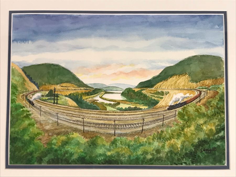 Original Joe Servello Watercolor Painting Of Altoona's Railroad Horseshoe Curve National Historic Landmark Trains 13.5 X 10 [Photo 4]